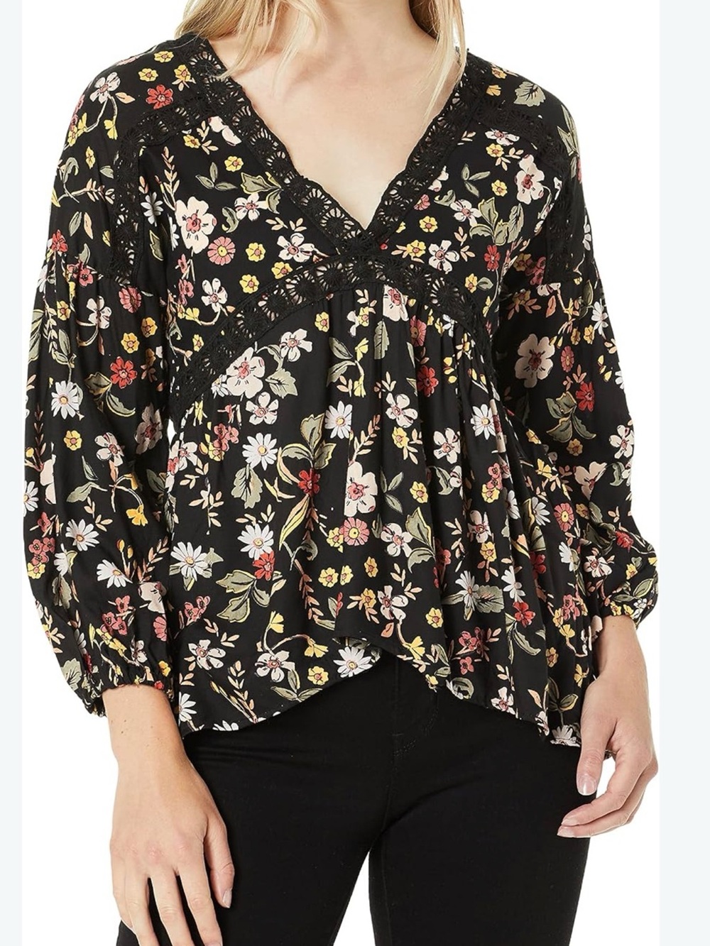 Angie Black Floral Lace-Trim V-Neck Peplum Blouse